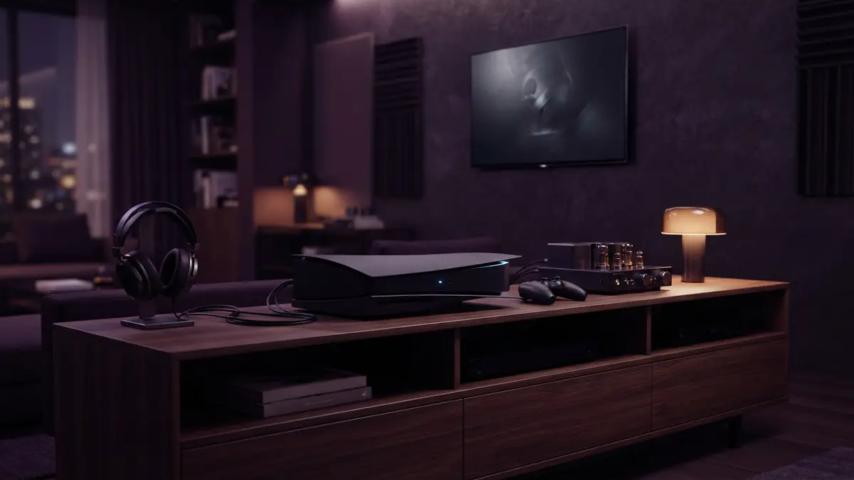 A modern home entertainment console glowing softly on a wooden media stand