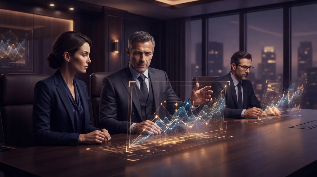 Investment managers and corporate executives in a corporate conference room analyzing financial debt structuring