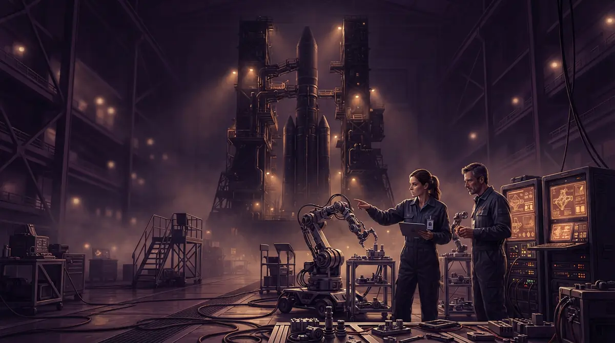 An industrial facility blending high-performance computing hardware with rocket engineering equipment