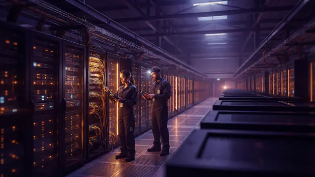 Rows of data center server racks in a high-tech facility illuminated with blue indicator lights
