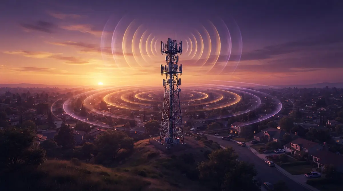 Illustration of a cell tower transmitting low-band wireless signals across buildings