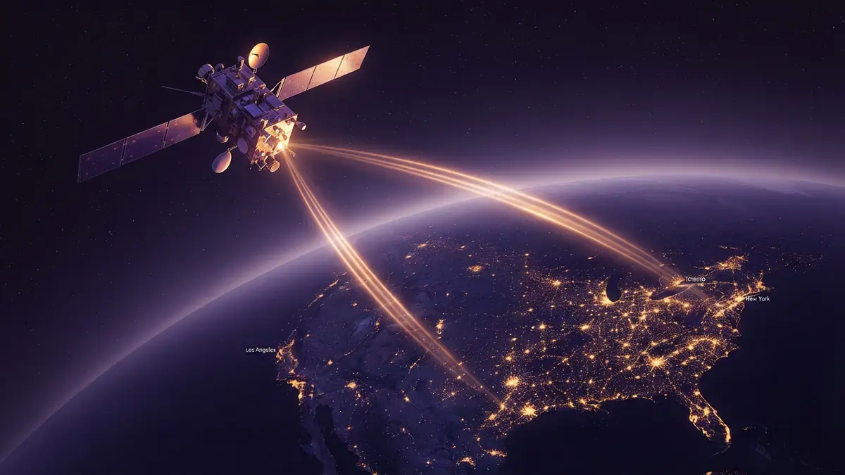 Illustration of a satellite in orbit beaming connectivity signals to North America