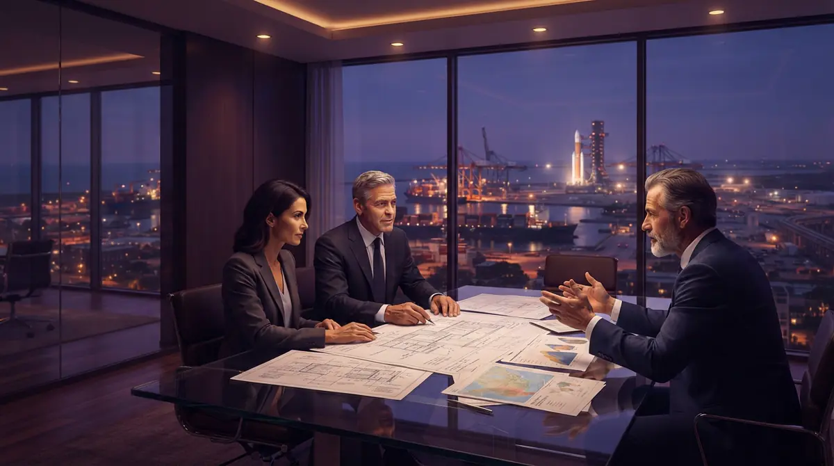 Illustration of financial investors reviewing capital investment contracts overlooking industrial infrastructure