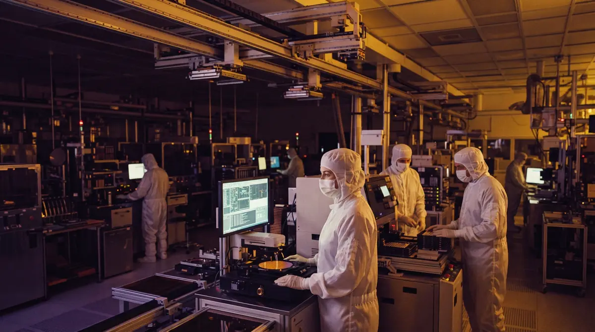 Illustration of a semiconductor manufacturing cleanroom with technicians examining silicon wafers