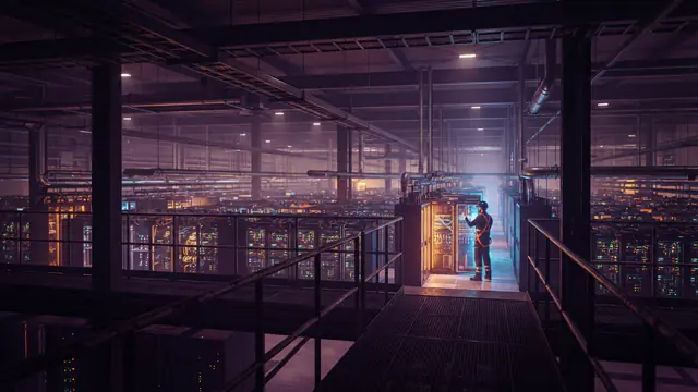 Illustration of a massive modern data center with glowing server racks housing AI computing hardware