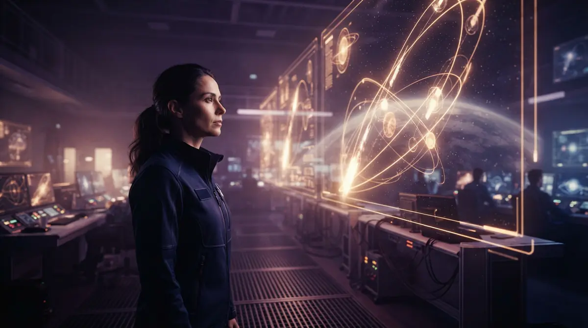 Illustration of an aerospace engineer reviewing orbital trajectories on displays in a flight control center.