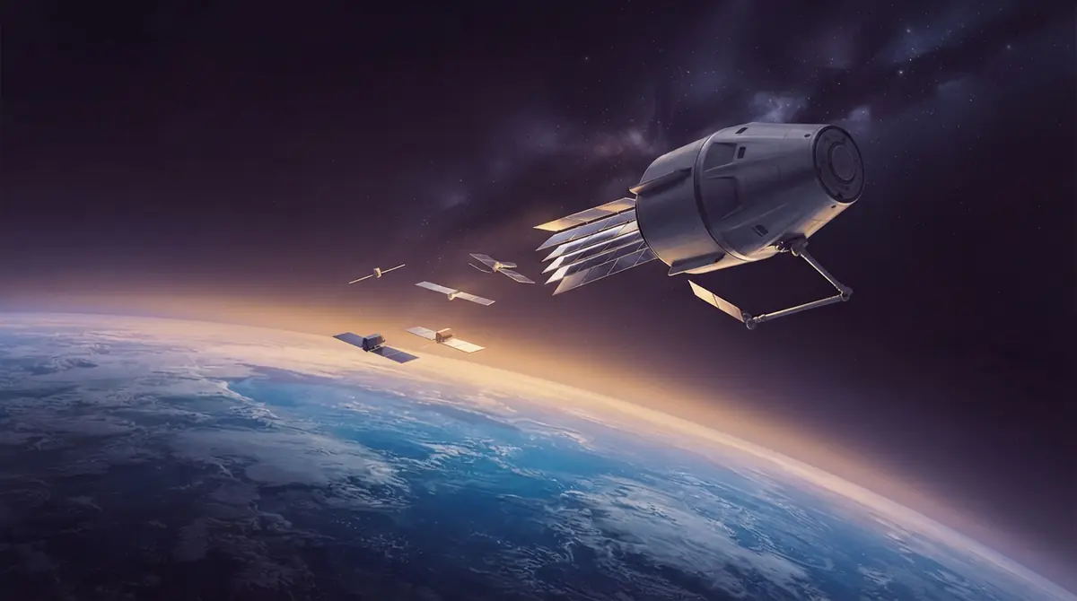 Illustration of a spacecraft deploying flat communication satellites while in Earth orbit.