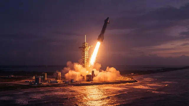 Illustration of a massive two-stage rocket lifting off from a coastal launch pad at sunrise.