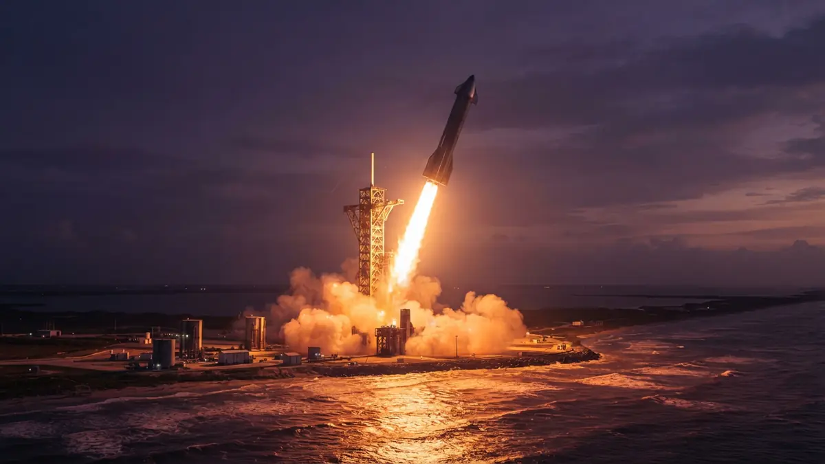 Illustration of a massive two-stage rocket lifting off from a coastal launch pad at sunrise.