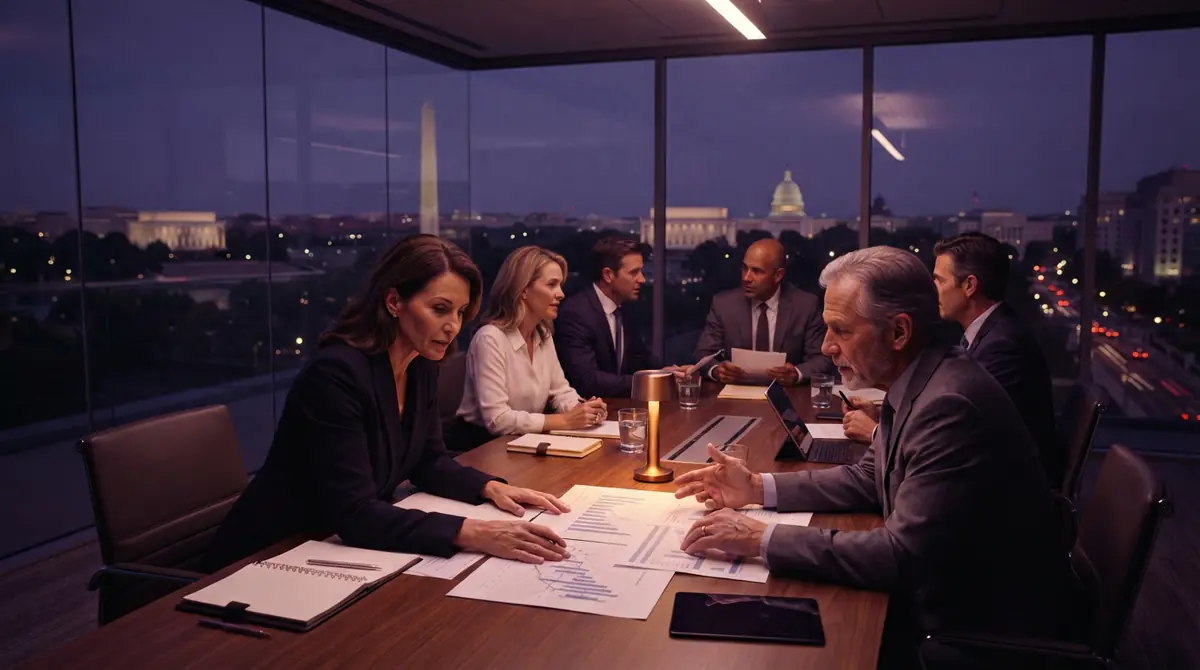 Corporate advisers reviewing financial data in a Washington boardroom