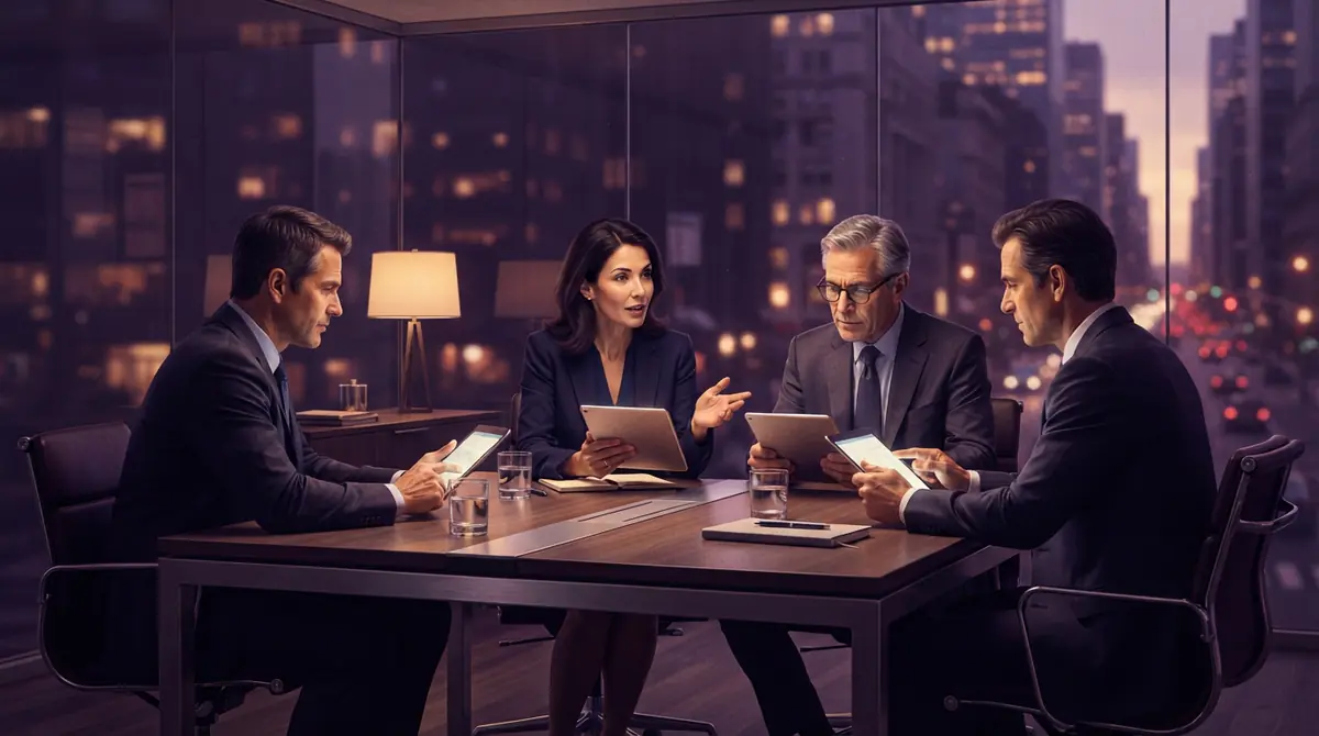 Special committee representatives reviewing financial balance sheets and valuations