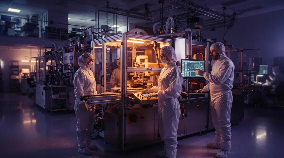 Cleanroom technicians working inside a semiconductor fabrication facility