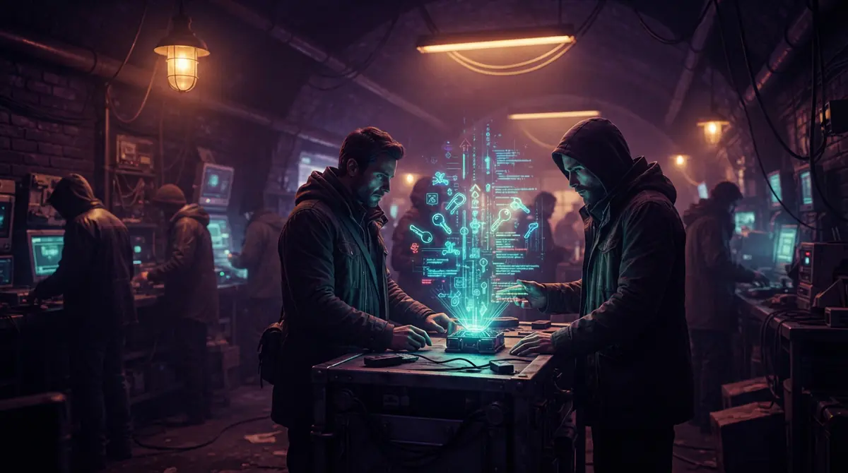 A shadowy underground digital marketplace trading glowing holographic access keys.