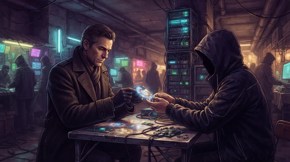 Dark web marketplace concept with glowing AI tokens and shadowy brokers.