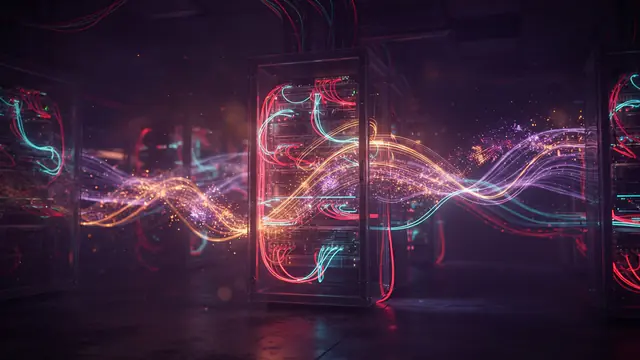 Abstract visualization of glowing digital data streams flowing through server racks in a dark data center
