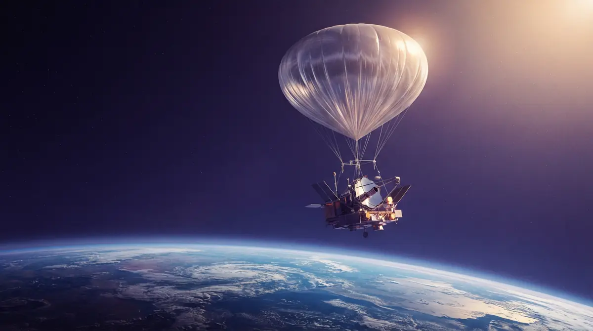 Illustration of a balloon-borne solar observatory floating high in Earth's stratosphere.