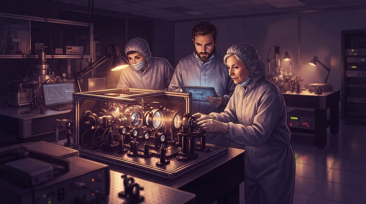 Illustration of astronomers examining a scientific spectropolarimeter instrument in a laboratory.