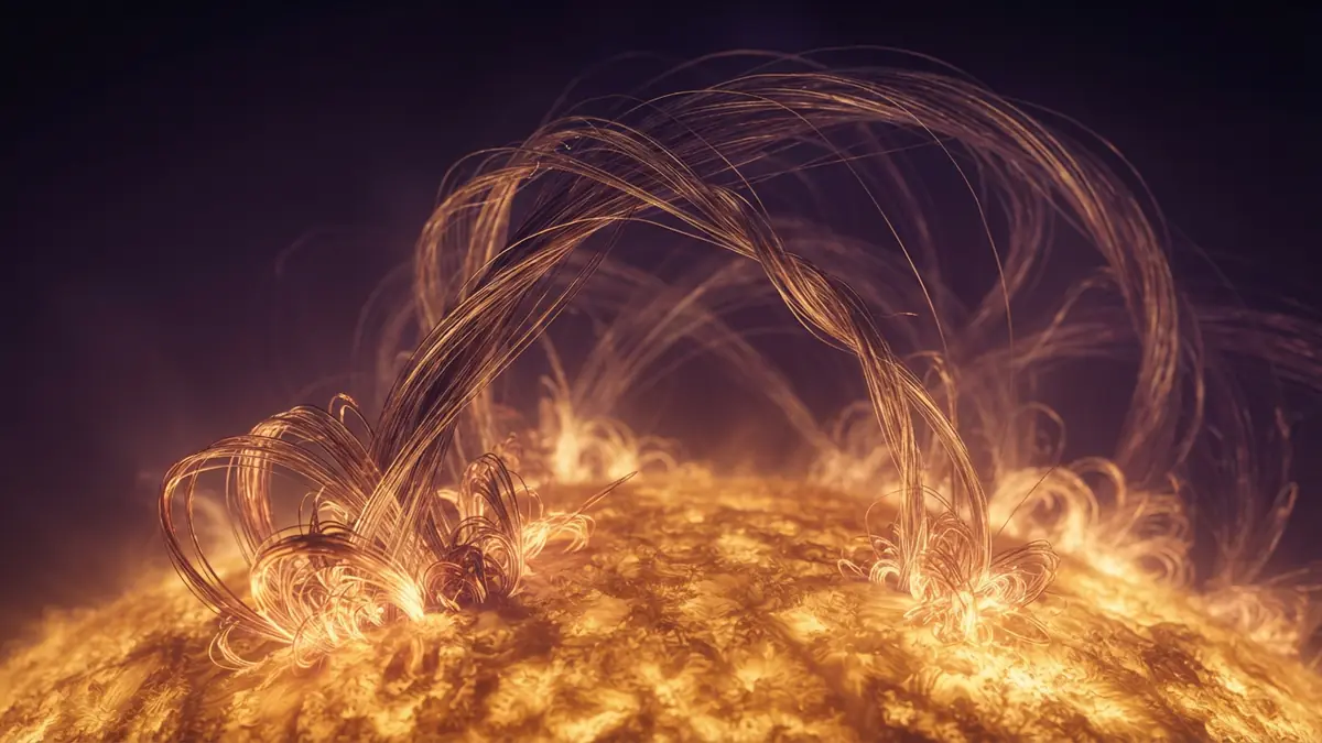 Illustration of the Sun's atmosphere displaying glowing thread-like magnetic canopy structures.