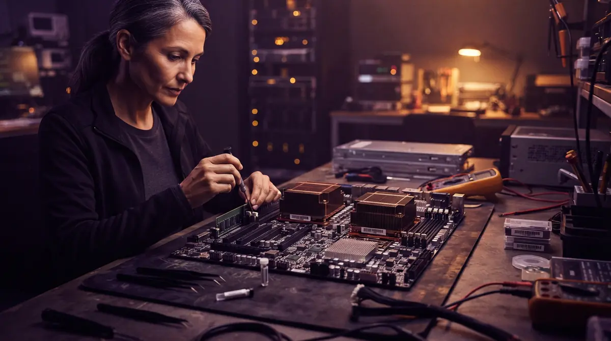 Illustration of server chassis components and serial labels on a technician bench