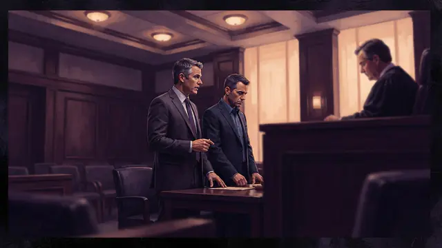 Illustration of a defendant and attorney in a federal courtroom during legal proceedings