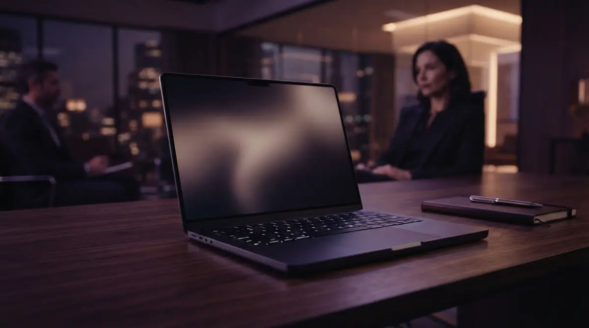 Illustration of a high-performance minimalist aluminum laptop open on a table.