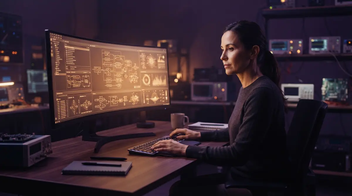 Illustration of a software developer working at a workstation monitoring isolated background system tasks.