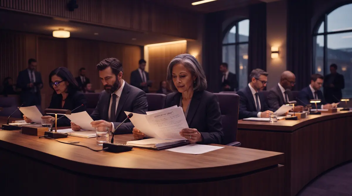 Illustration of lawmakers reviewing legislative documents in a government assembly hall.