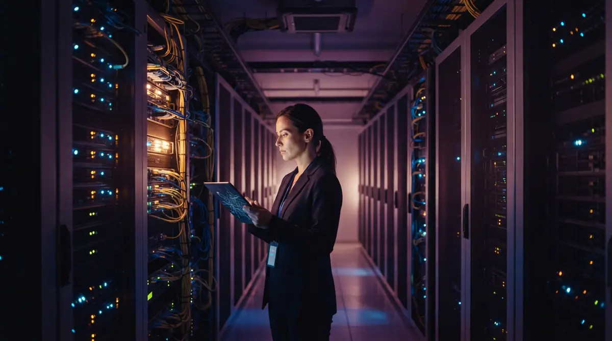 Illustration of high-performance computing racks in a secure data center corridor.