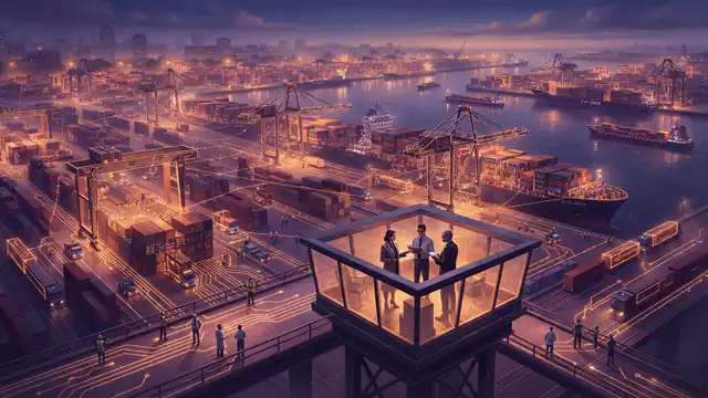 Illustration of an industrial shipping port with digital circuit patterns representing technology supply chains.