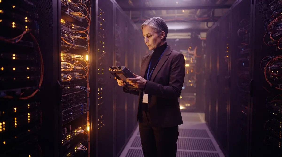 Illustration of an auditor conducting a compliance inspection inside a high-tech data center