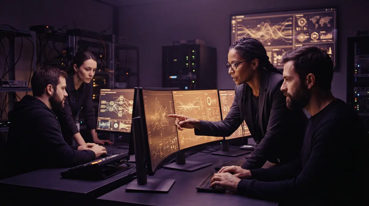 Illustration of researchers analyzing system logs and diagnostics in an AI laboratory