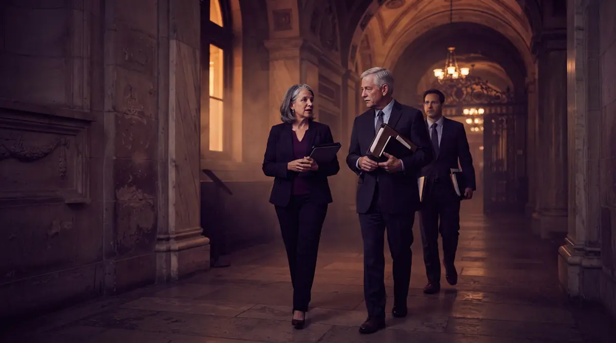 Illustration of lawmakers holding legislative dossiers while walking through a government hall