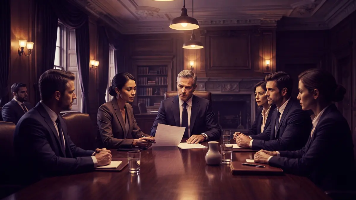 Illustration of technology executives and government officials reviewing a joint agreement around a conference table