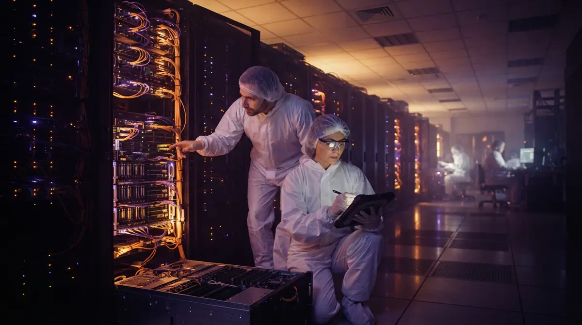 An illustration of advanced supercomputer server racks operating within a high-performance research laboratory.