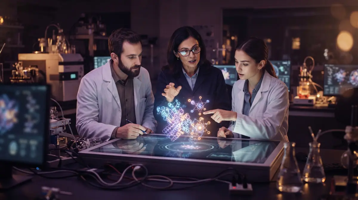An illustration of researchers collaborating on computational molecular biology and physics data.