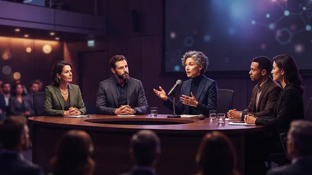 An illustration showing scientists and technology executives in a high-tech auditorium discussing federal research initiatives.