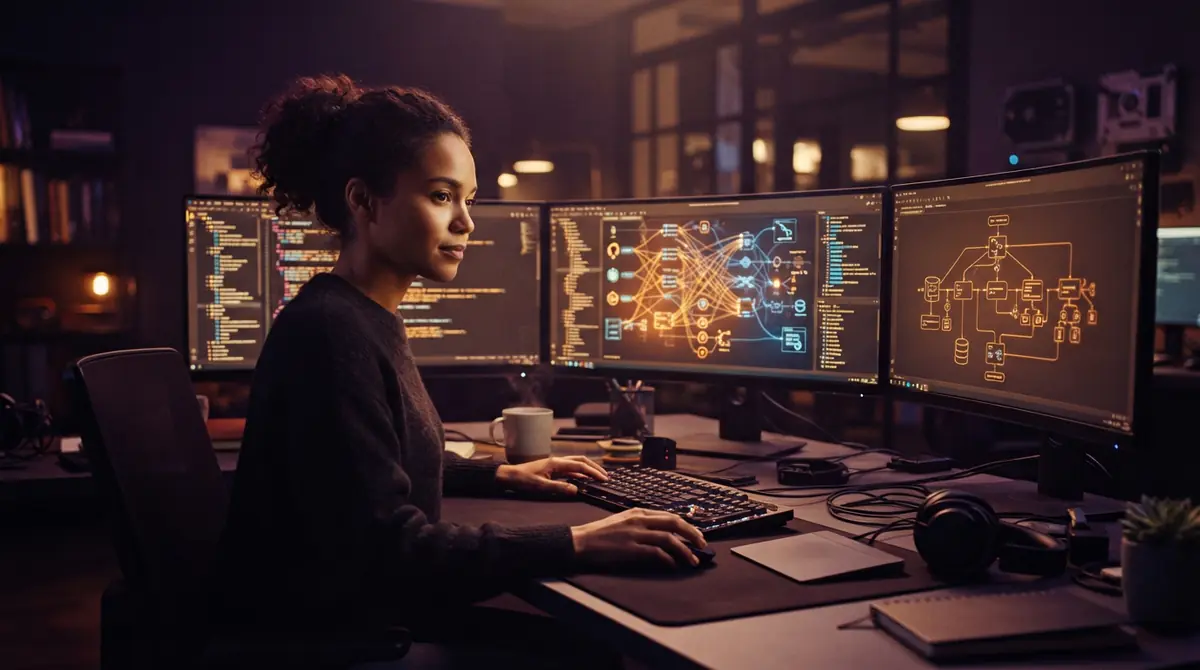 A software engineer working at an illuminated multi-monitor desk reviewing interconnected diagrams of code repositories and memory structures.