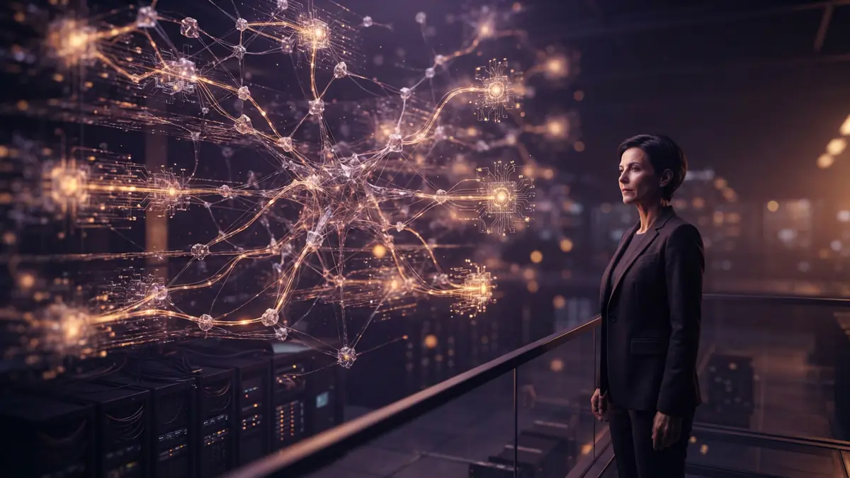 An abstract digital representation of multi-layered artificial cognitive memory and neural pathways connecting distinct computing modules.