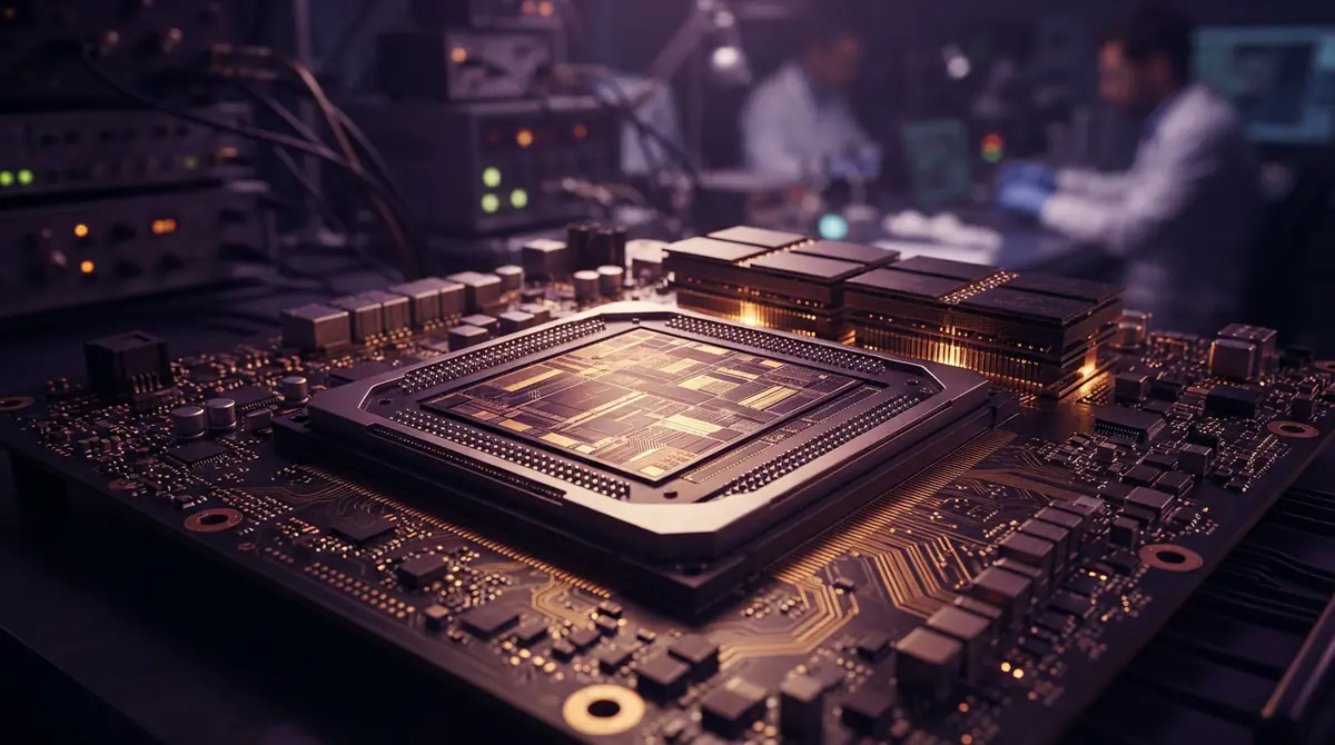 Close-up rendering of an advanced AI accelerator processor and circuit architecture
