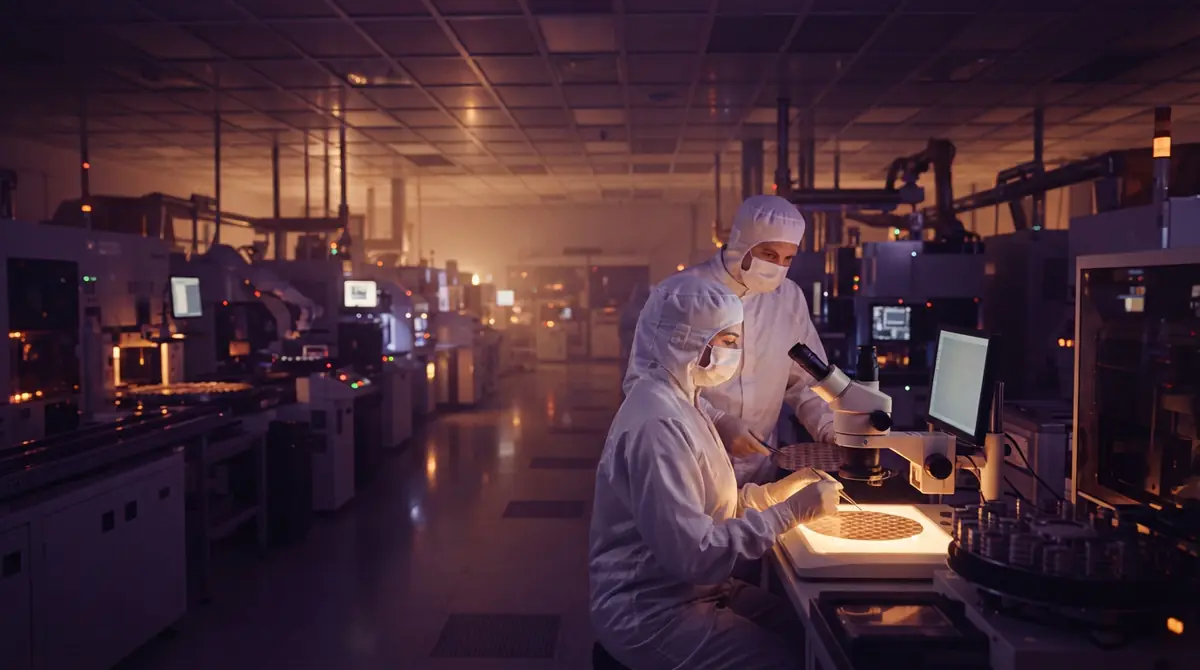 Cleanroom technicians monitoring silicon wafer processing equipment in a fabrication facility