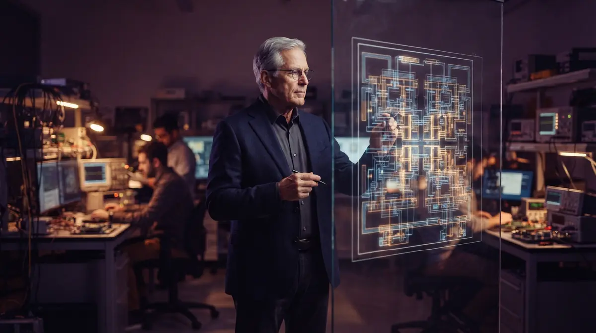 A microchip executive reviewing architecture diagrams in a lab