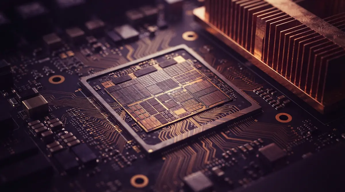 An advanced AI processor silicon die mounted on a server motherboard
