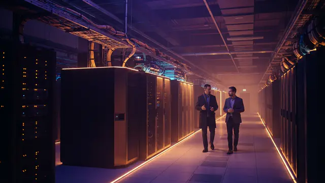 An expansive server room filled with glowing computing racks