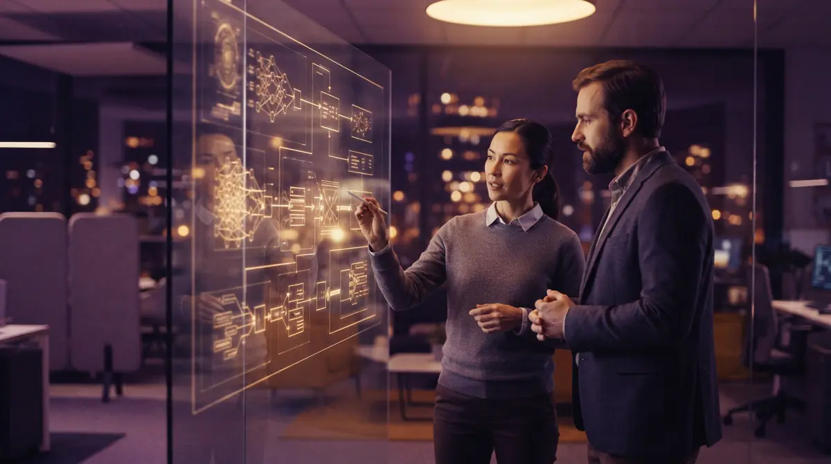 Engineers reviewing model adaptation workflows on an office display screen.