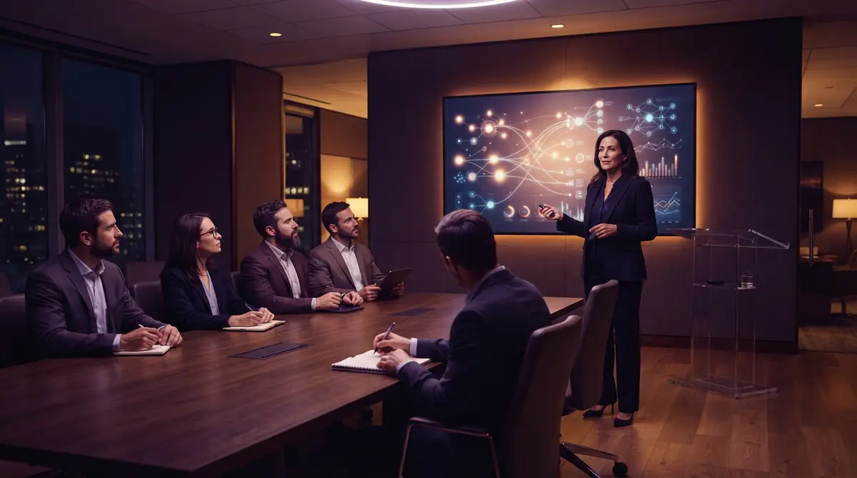 An executive presenting technical infrastructure plans inside a modern corporate boardroom.