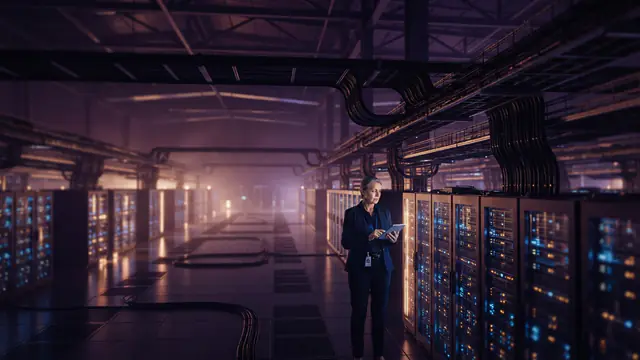 A large-scale modern AI data center with illuminated hardware racks and industrial cooling equipment.