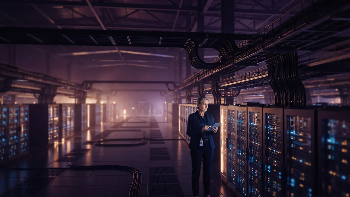 A large-scale modern AI data center with illuminated hardware racks and industrial cooling equipment.
