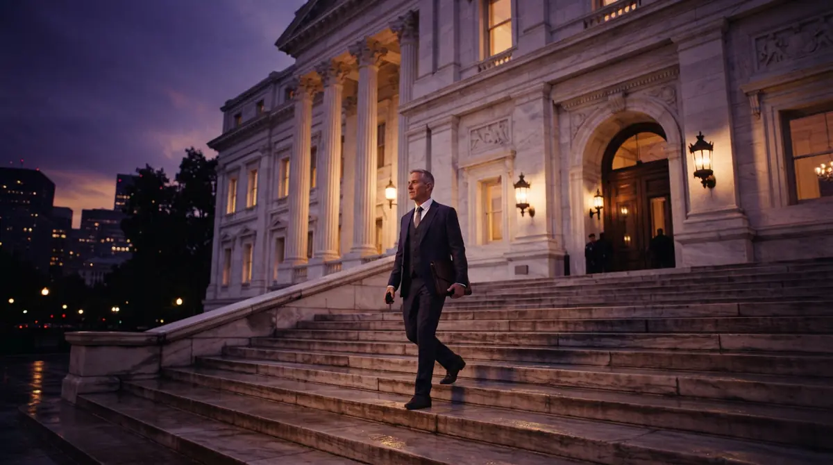 Illustration of an executive arriving at a neoclassical government building