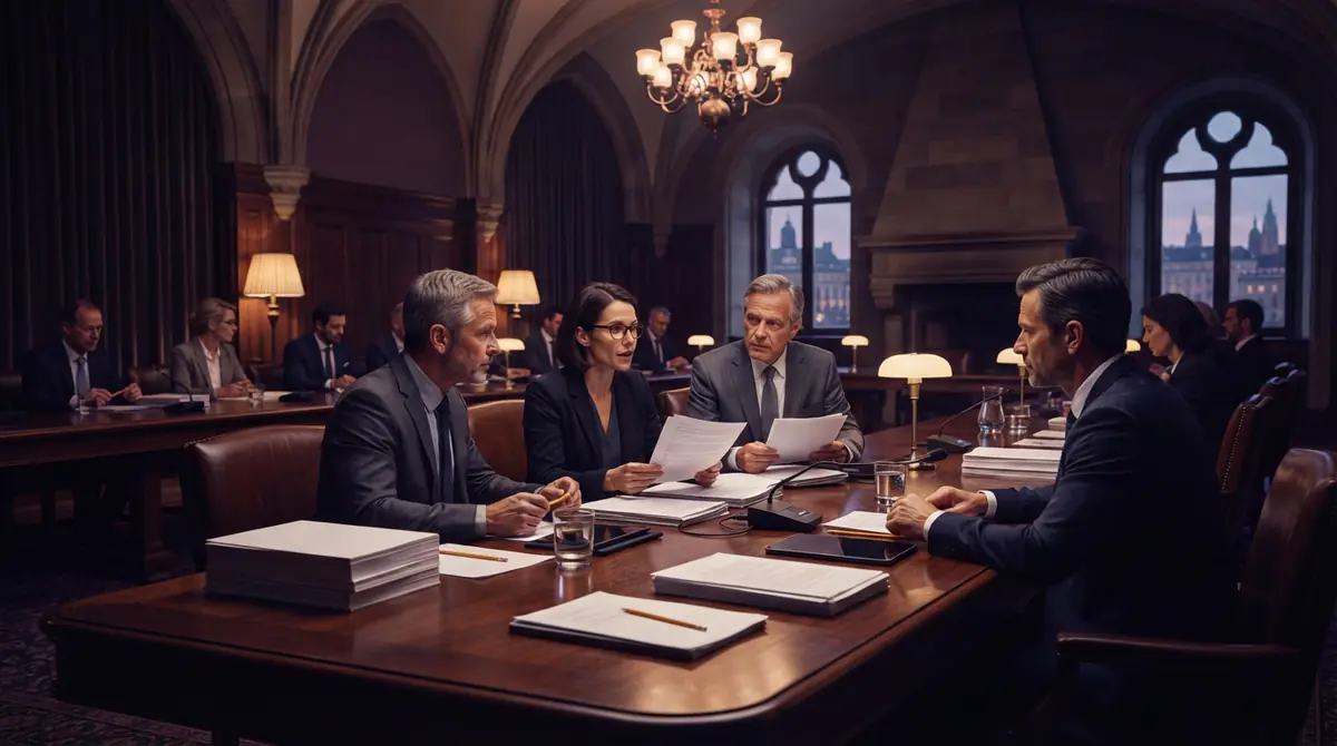 Illustration of policymakers and technology leaders in a formal meeting room