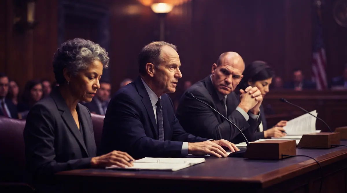Illustration of federal panel leaders seated behind a long desk with microphones